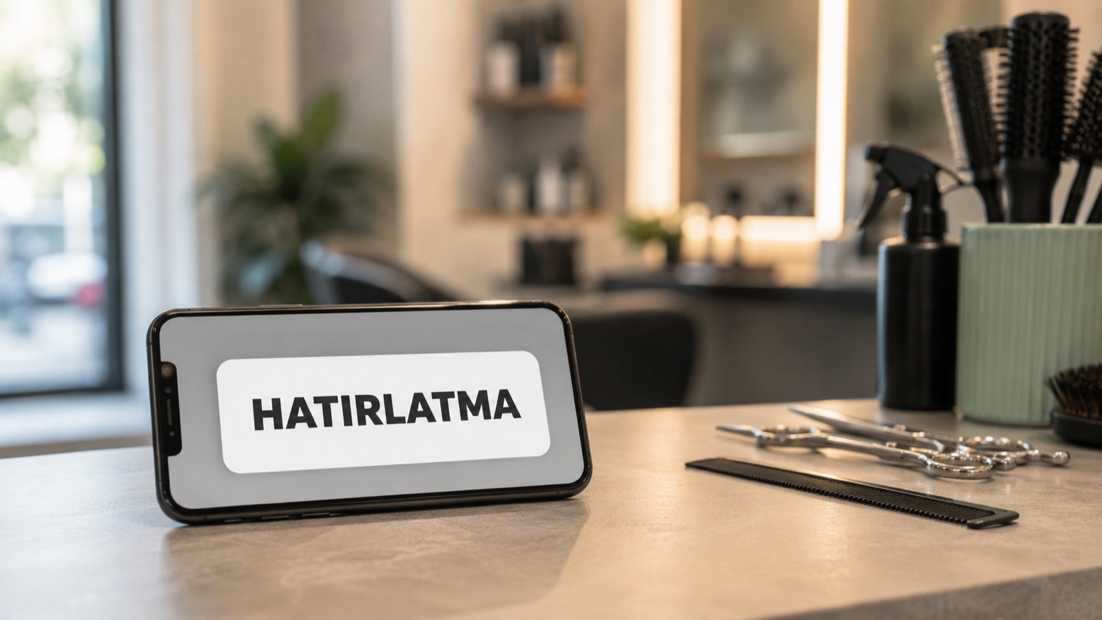 Bir salon gününün personel bazlı takvim görünümü: üç kuaförün paralel sütunları, farklı sürelerdeki hizmetler, boşluklar ve çakışma uyarısı